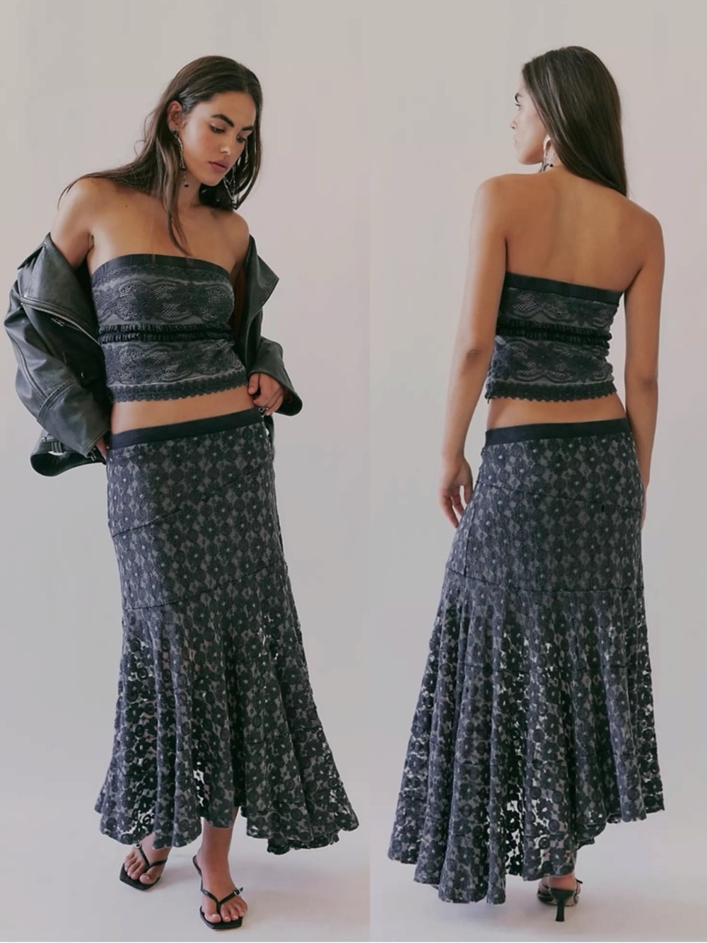 Free People Bohemian Gypsy Maxi Skirt Tube Top Juniper Set in Black Size XS NWT